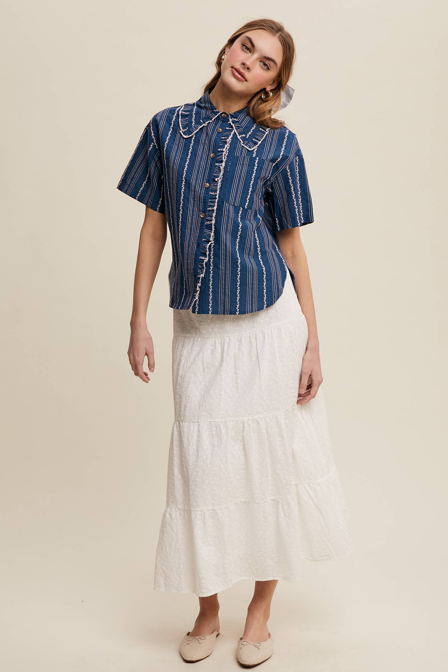 Listicle - Wholesale Button Down Shirt - Women's - Striped Embroidered Button-Down Blouse35