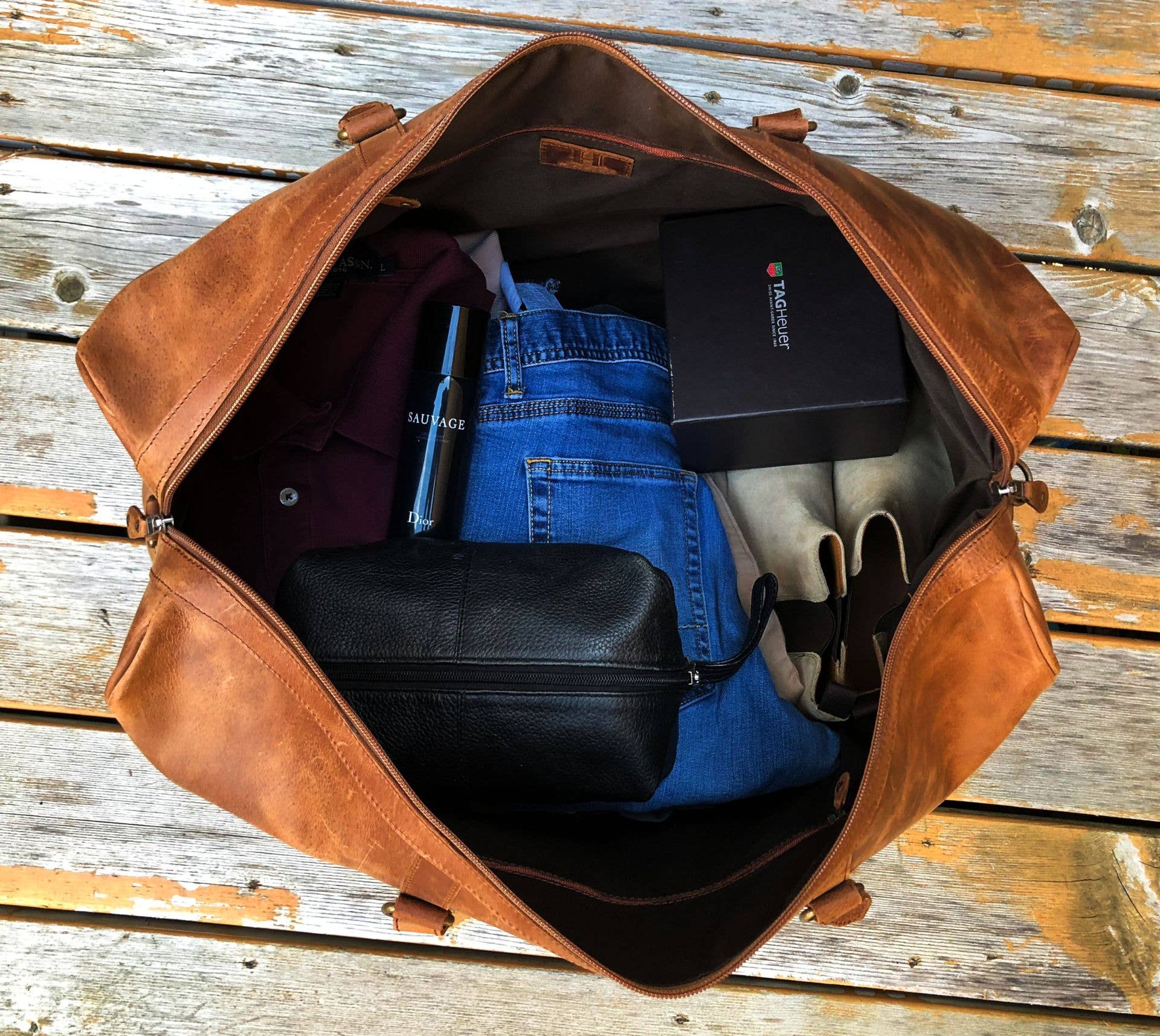 Hides - Wholesale Weekender Bag - Men's - Tourist Leather Duffle 23" - Saddle Brown4