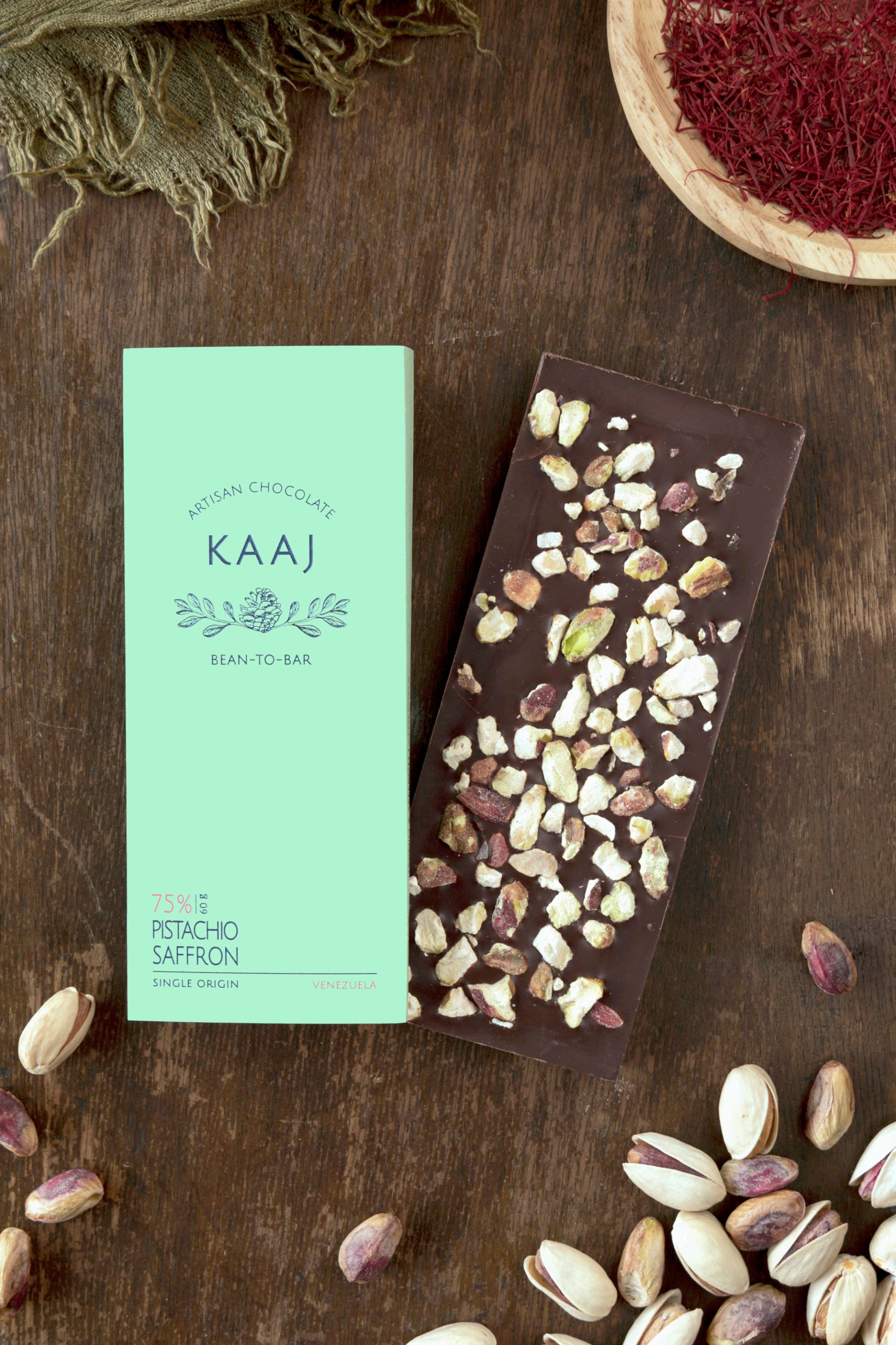 Kaaj Artisan Chocolate - Wholesale Chocolate Bar - Saffron & Pistachio 75%
Dark