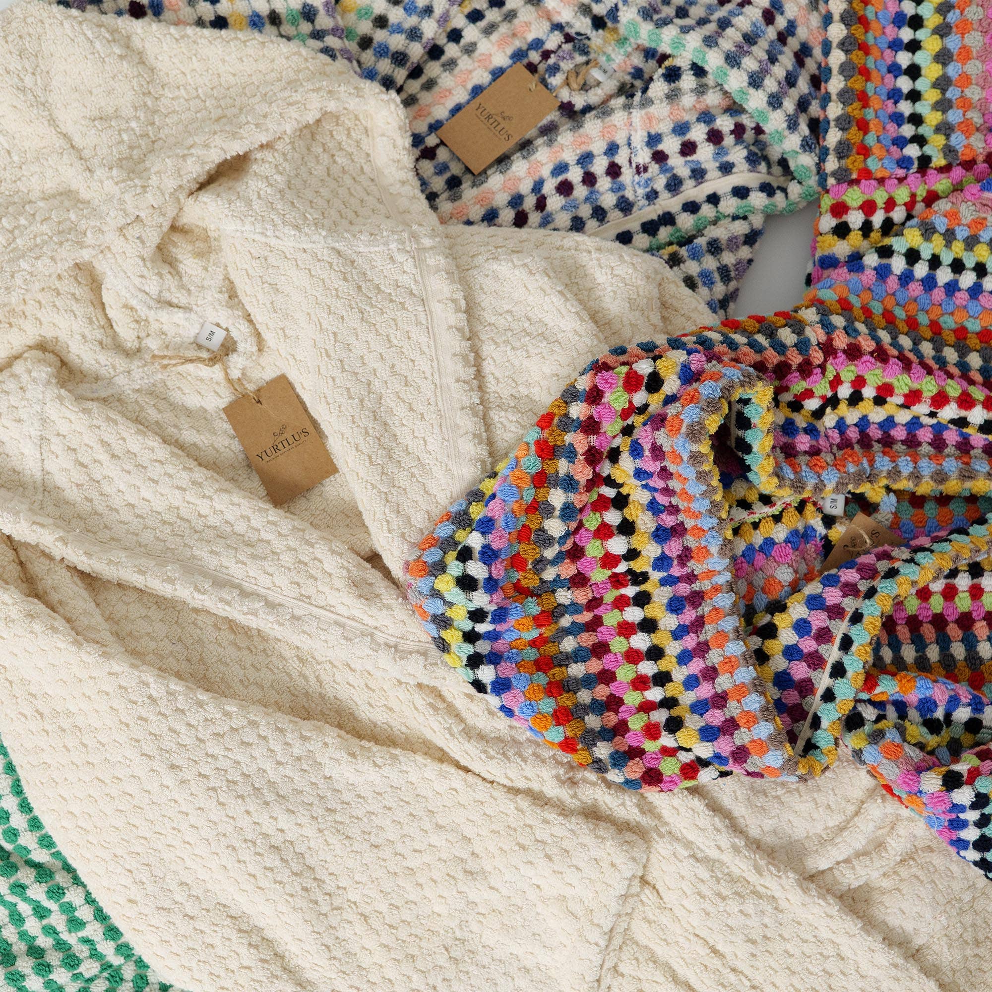 YURTLUS - Venta al por mayor Bata - Unisex - Bata de burbujas tejida a mano, albornoz con pompones en telar manual 100% algodón 612