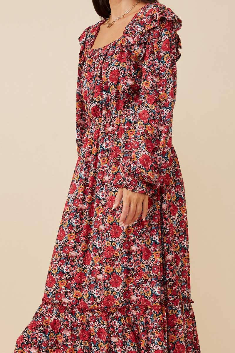 Cherry Womens Floral Print Ruffled Square Neck Midi Dress for wholesale on Faire2