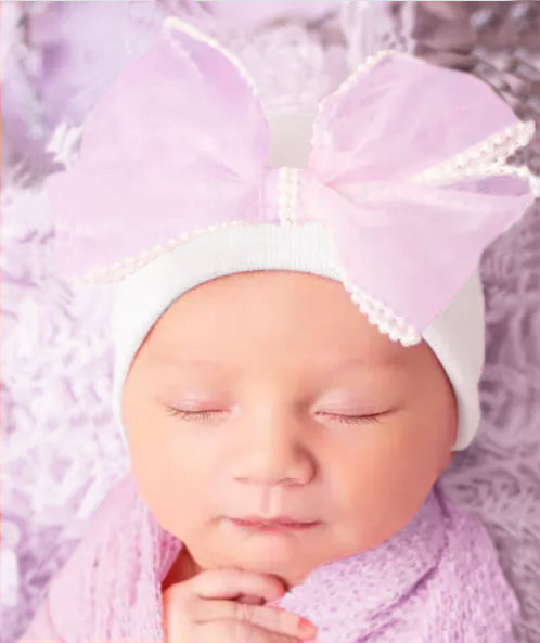 www.ilybean.com - Wholesale Newborn/Knit Hat - Baby - Pink, White & Black Chiffon Pearl Bow Newborn Girl Hospital3