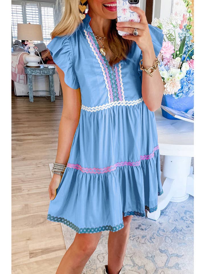 Beau Blue Ric-Rac Colorblock Flutter Sleeve Dress for wholesale on Faire