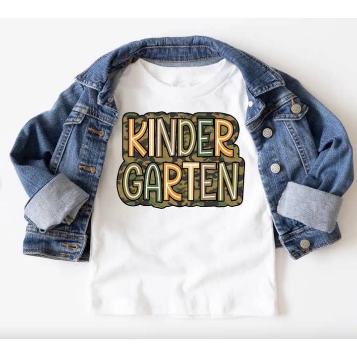 AvaryMaeInspirations - Wholesale Screen Printed T-Shirt - Kids - Kindergarten Camo Boys School Tee Shirt, 1st Day of School T2
