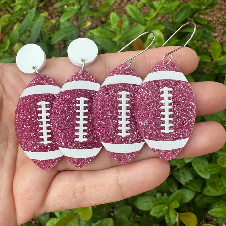 Laser & Color Designs LLC - Wholesale Dangle Earrings - Pink Glitter Football Earrings, Game Day Earrings2