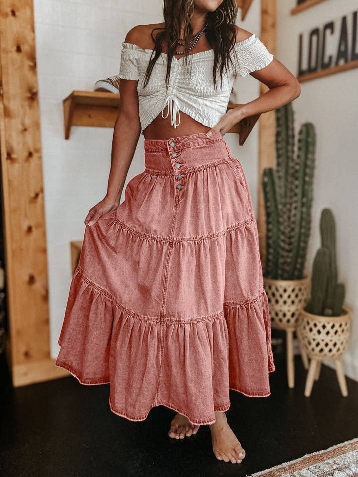Rosa Clothing - Wholesale Skirt - Women's - Bohemian A-Line Tiered Cake Denim Skirt