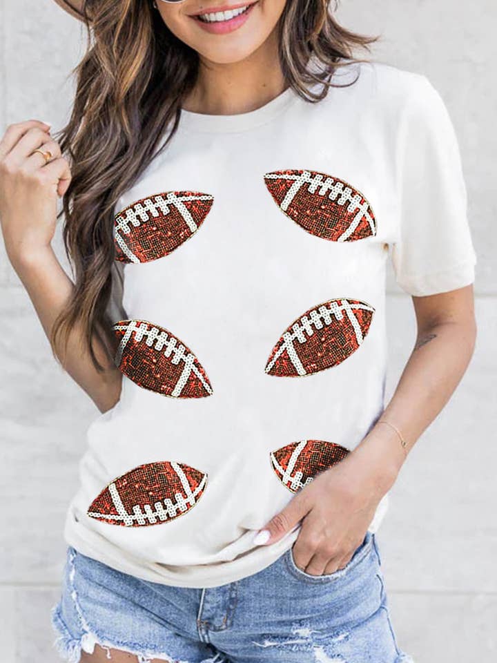 White Sequined Rugby Football Graphic Cotton T Shirt for wholesale by Lovesoft