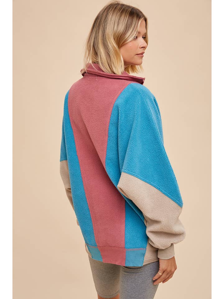 TAUPE MULTI COLOR BLOCK PANELED FLEECE PULLOVER for wholesale on Faire