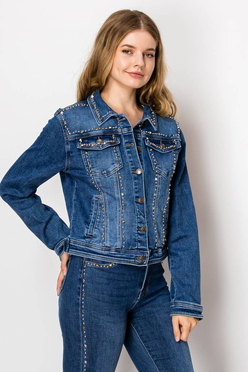 Wholesale C10-2-C - stud Embellished Medium blue denim jacket for