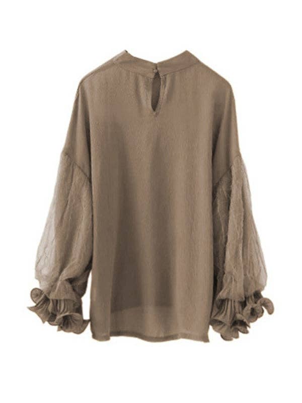 Sheer Trend - Wholesale Blouse - Dames - Eenvoudig hemd van chiffon met pofmouwen en gaassplitsende kleur7