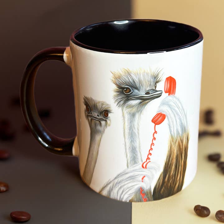 Ostrich on the Phone Mug for wholesale by Sardines Studio