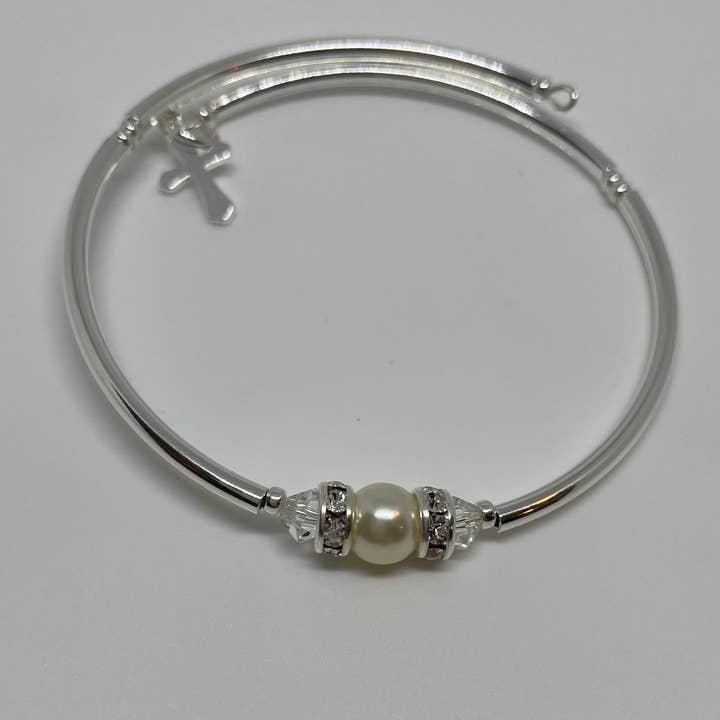 Dainty White Pearl 6mm center w/ tiny silver cross for wholesale by Chappy Girls