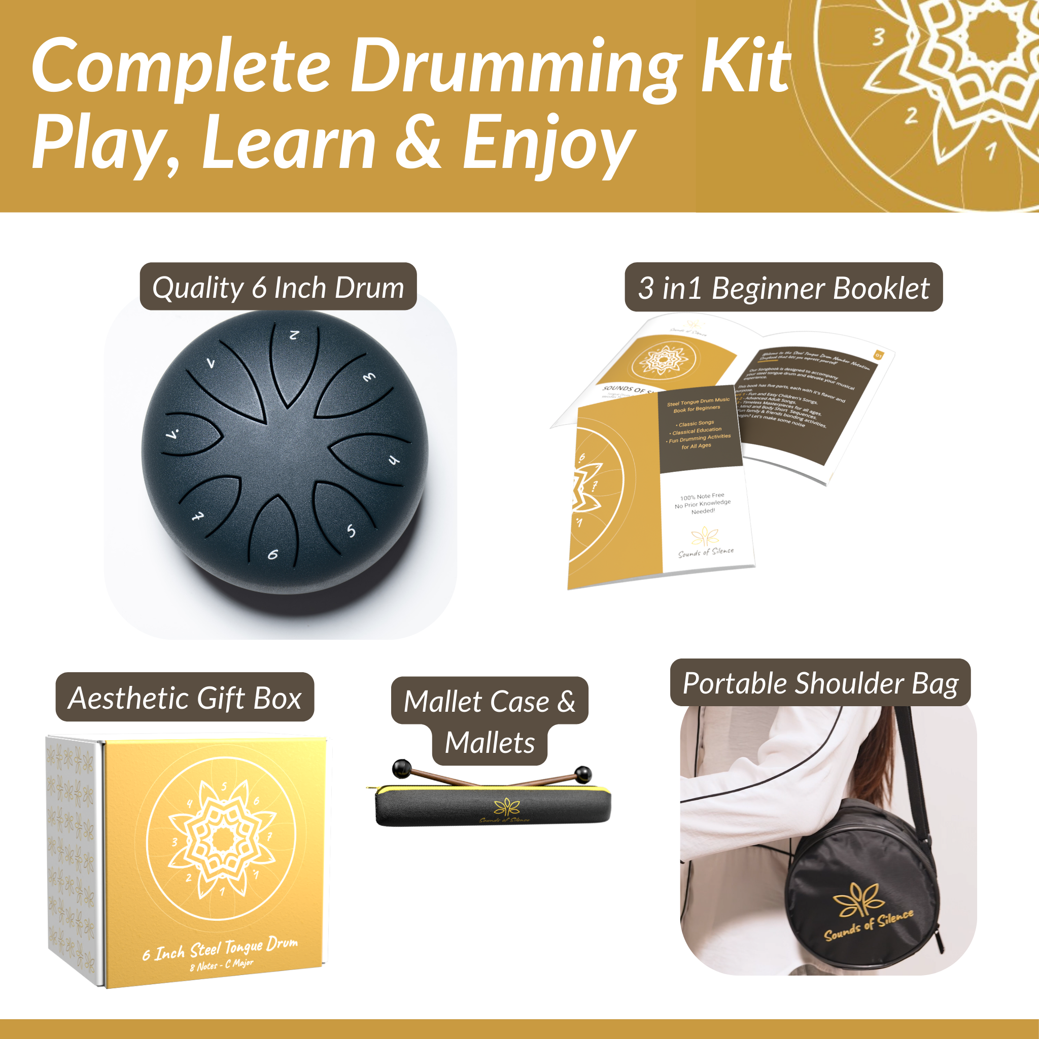 Sounds Of Silence Drums – wholesale Musical instrument – Steel Tongue Drum, Songbook, Carry Bag, Mallets, Gift Box 1