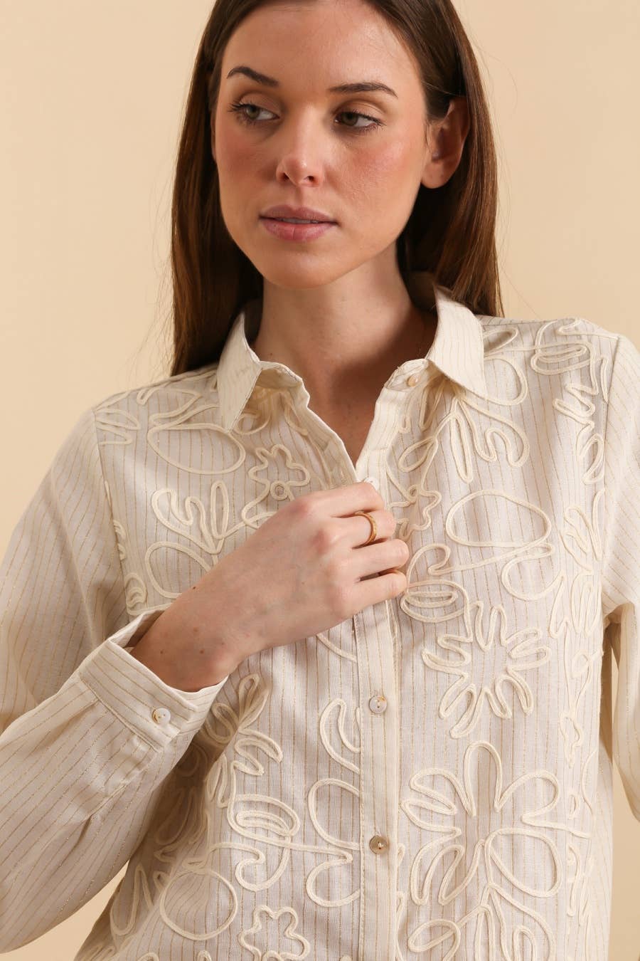 MOOYA - Vendita all'ingrosso Camicia button down - Donna - Camicia a righe maniche lunghe ricami in lino SJ0033