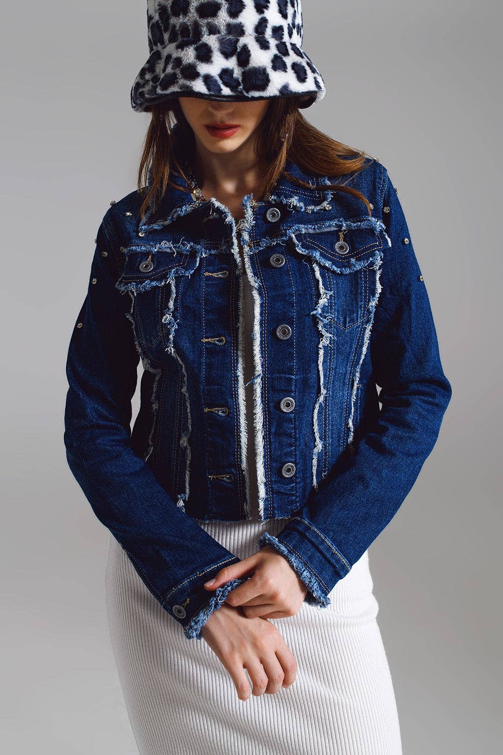 Blue Denim jacket with frayed and embroidered details in Midwash for wholesale on Faire3