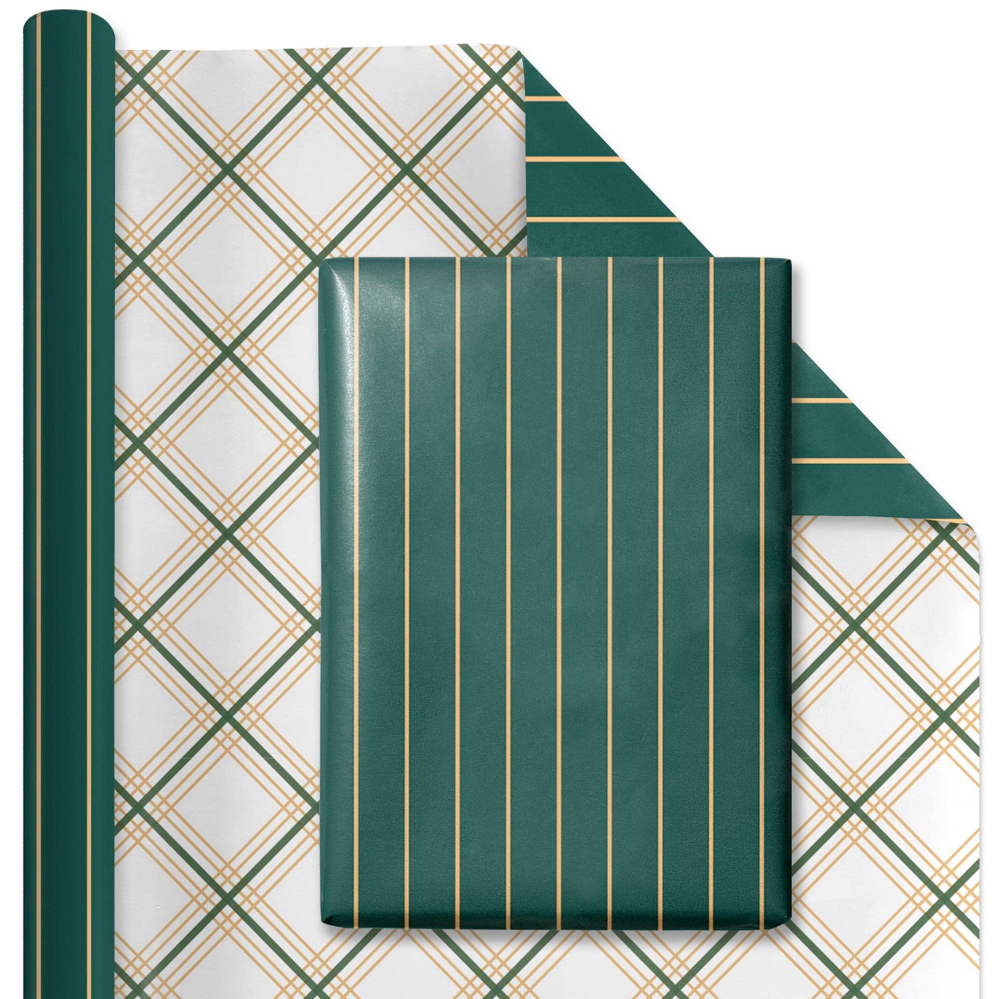 LA Ribbons Wholesale - Wholesale Wrapping Paper Roll - 30" x 10' Reversible Holiday Wrapping Paper | Gold on Green Pinstripe/Green and Gold Bias Plaid3