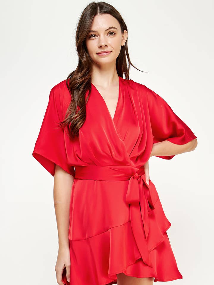 Flared Sleeve Faux Wrap Satin Mini Dress for wholesale by Strut & Bolt
