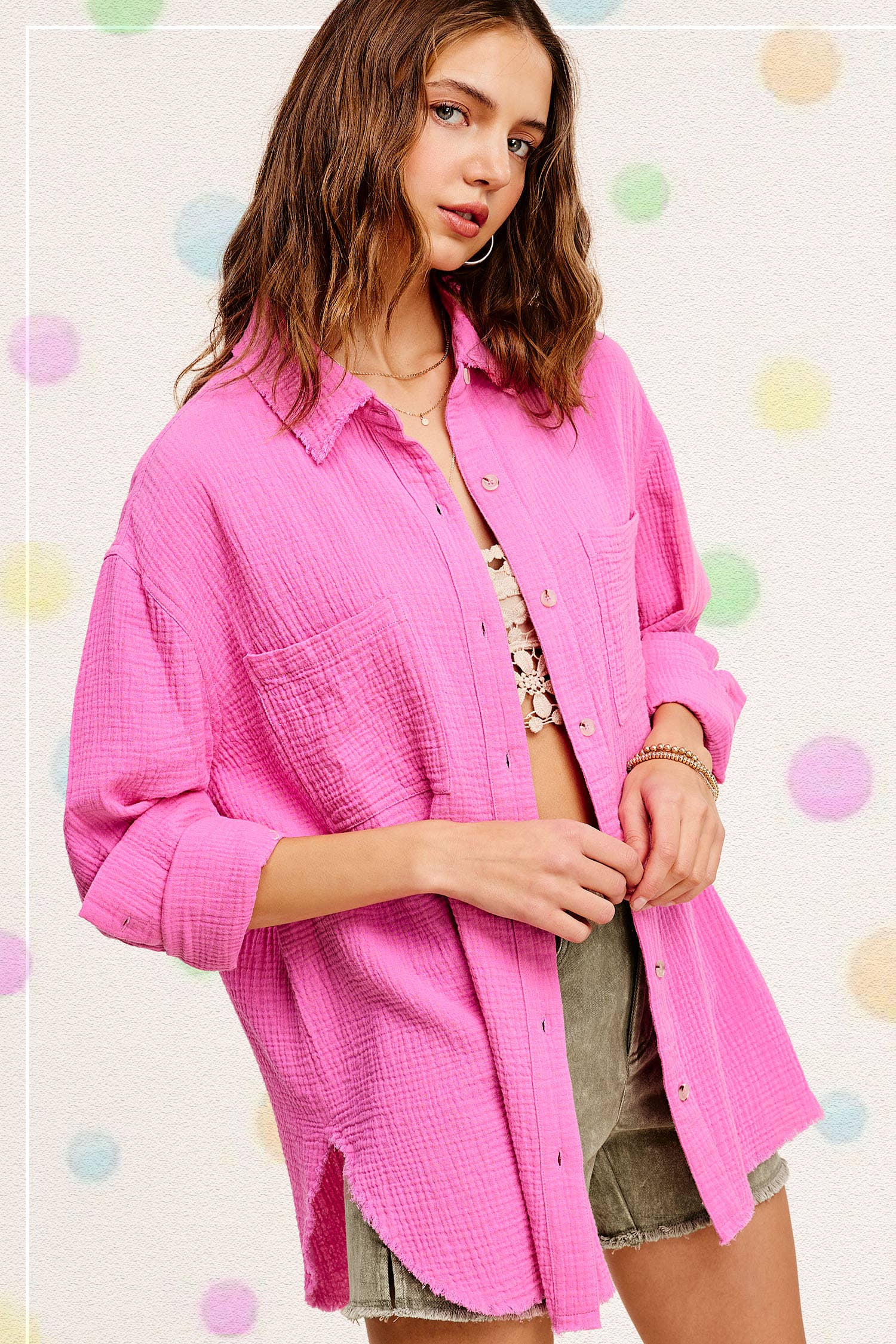 La Miel - Wholesale Button Down Shirt - Women's - SRT7448-Soft Washed Crinkled Gauze Button Down Shirts13