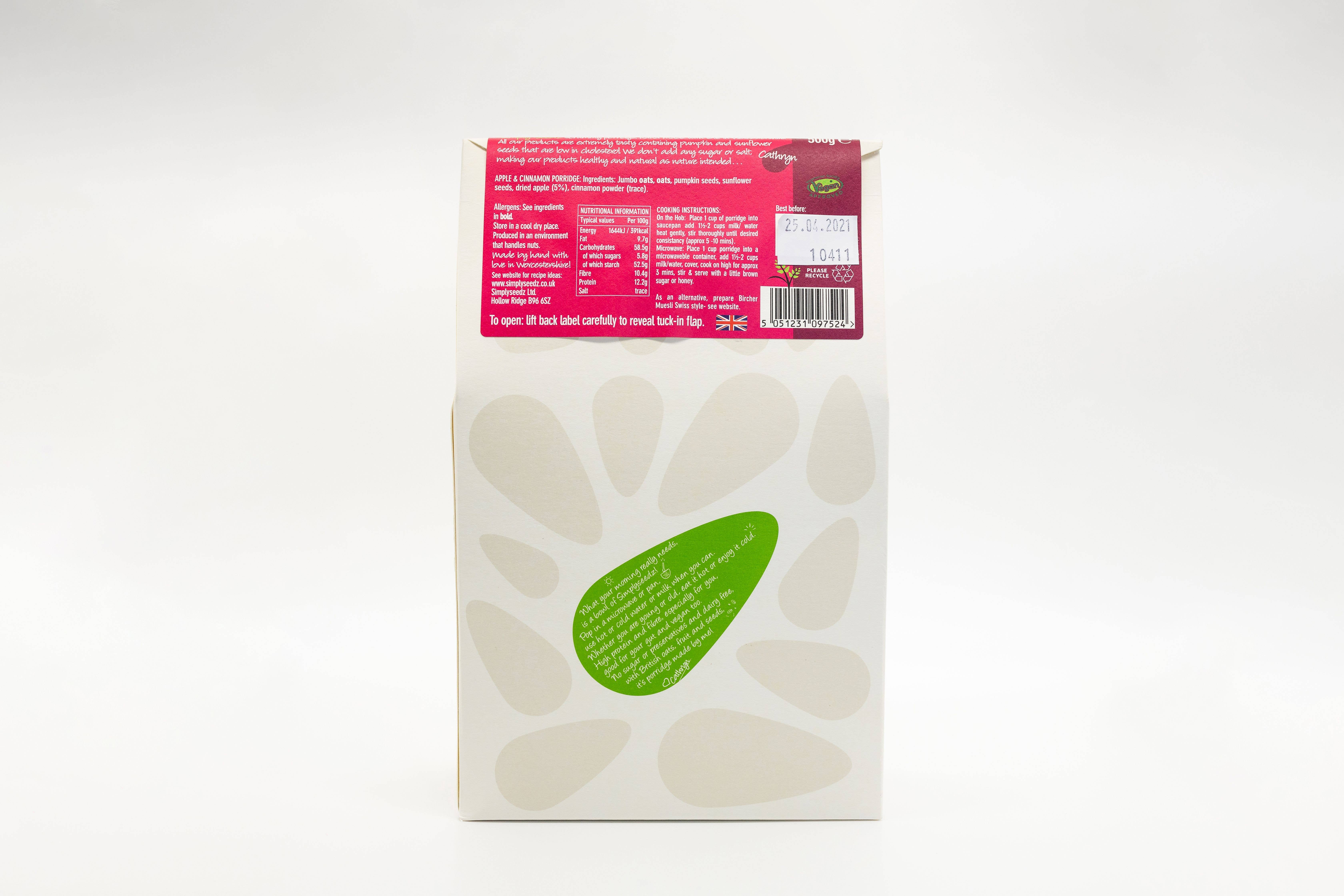 Simplyseedz – Großhandel Hafer – Haferbrei mit Samen 500g - Geschmack Apfel & Zimt2