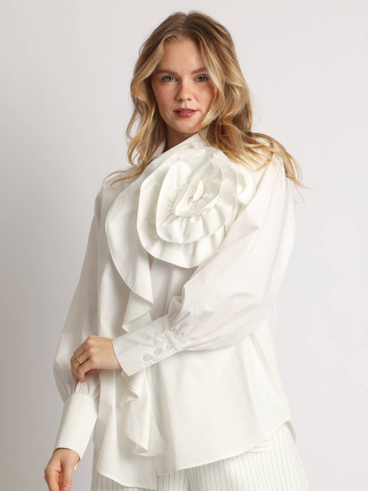 3D Volume Floral & Ruffled Detail Longline Shirt QC2425 for wholesale by Beulah Style