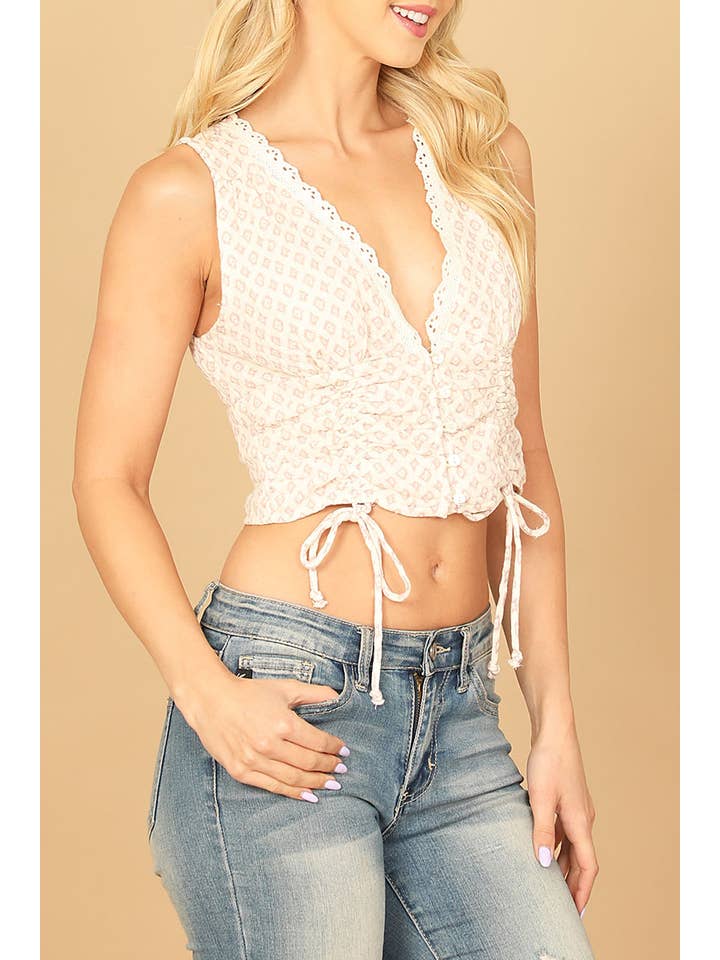 CREAM MAUVE Plunging Lace Ruched Front Print Crop Top - Cotton Fabric for wholesale on Faire