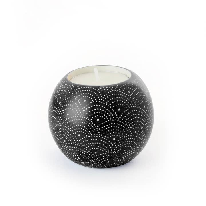 Swahili | AFRICAN MODERN - Wholesale Candle Holder - Black Deco Dot 2" Sphere Soapstone Tea Light Candle Holder