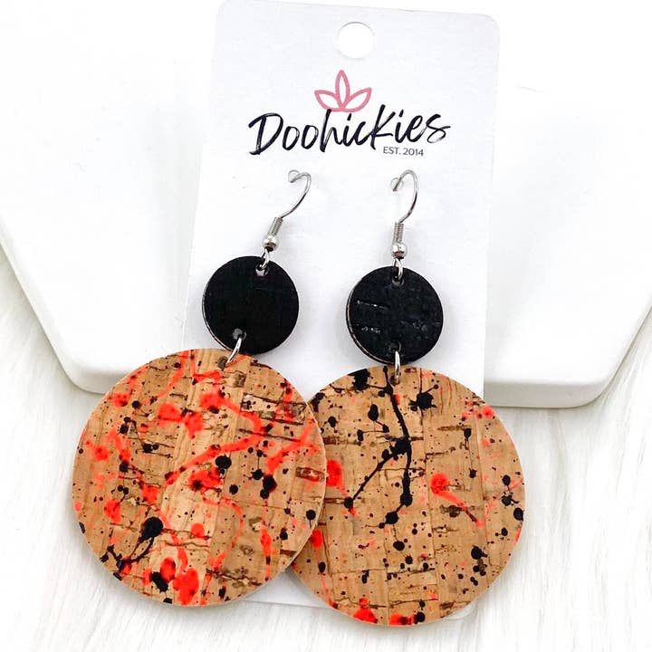 2.5" Black & Natural Paint Splatter Piggyback Corkies -Earrings for wholesale by Doohickies