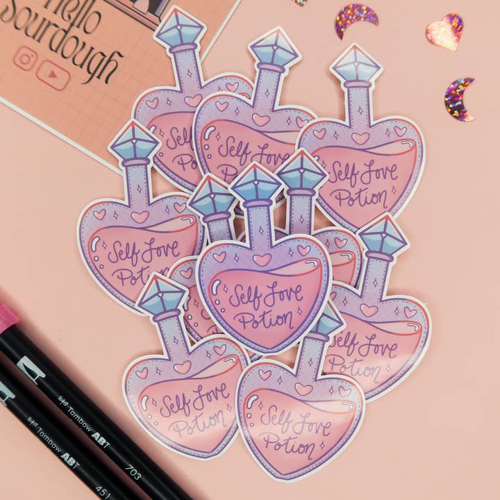 Self Love Potion Heart Bottle Sticker for wholesale by Hello Sourdough