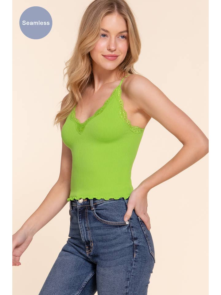 Active Basic | Active USA - Wholesale Camisole - Women's - V-neck Lace Detail Seamless Rib Knit Cami Top
