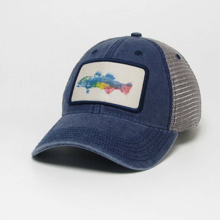 Color Striped Bass Dashboard Trucker Hat in Navy/Grey for wholesale by Aisling