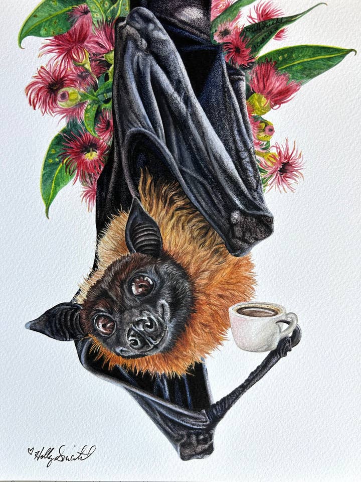Bat animal Coffee Archival signed Print by Holly Simental for wholesale by Holly Simental