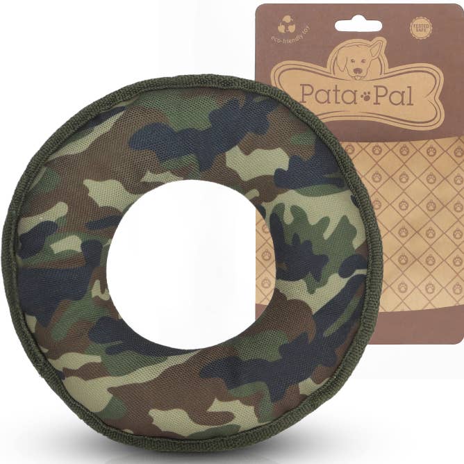Cotton Canvas Squeaky Chew & Fetch Dog Toy – Green Camo Disk for wholesale by Pata Pal Pet Toys