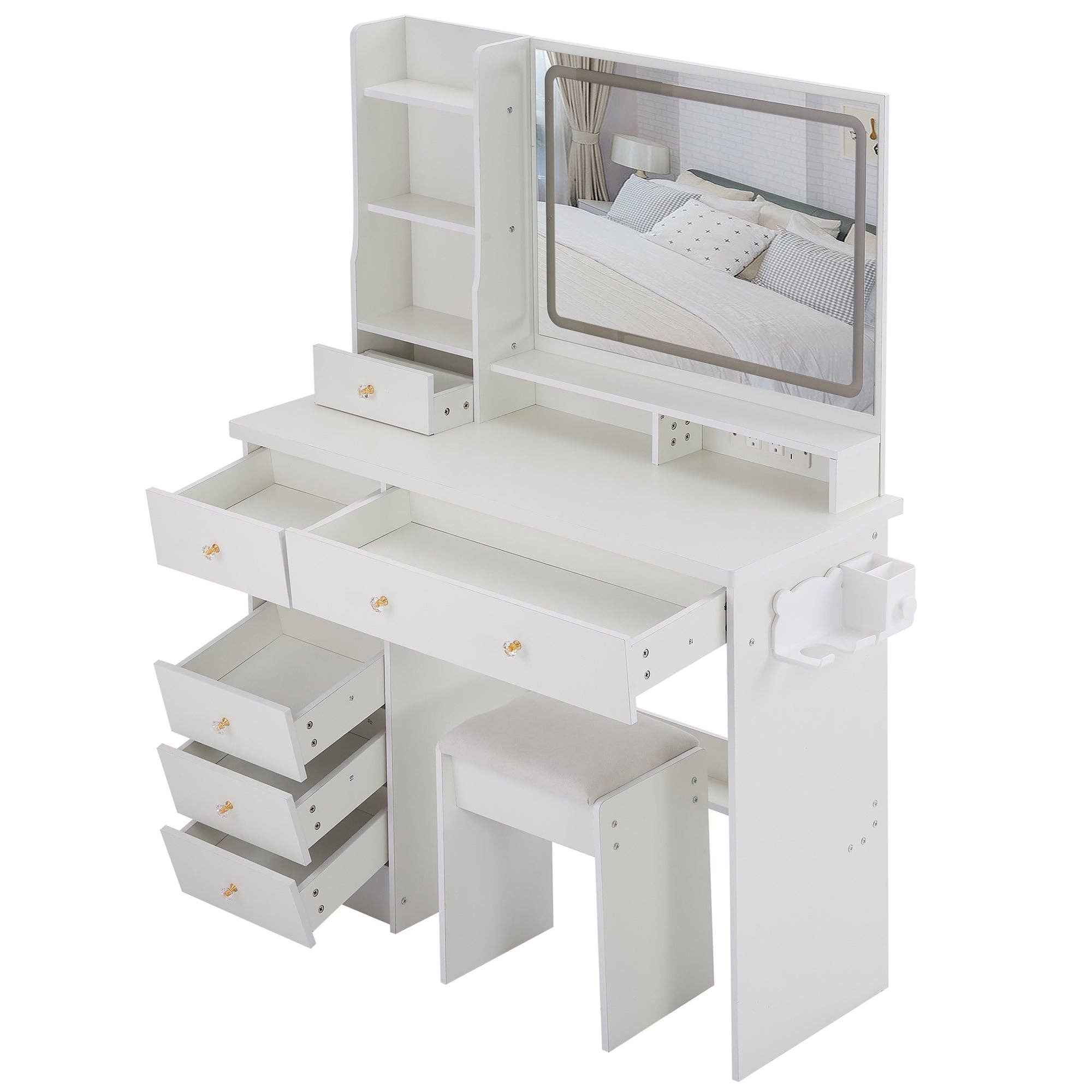 39F Inc. - Vente Miroir de courtoisie - Ensemble de coiffeuse blanche de 41'' avec station d'alimentation et miroir LED18