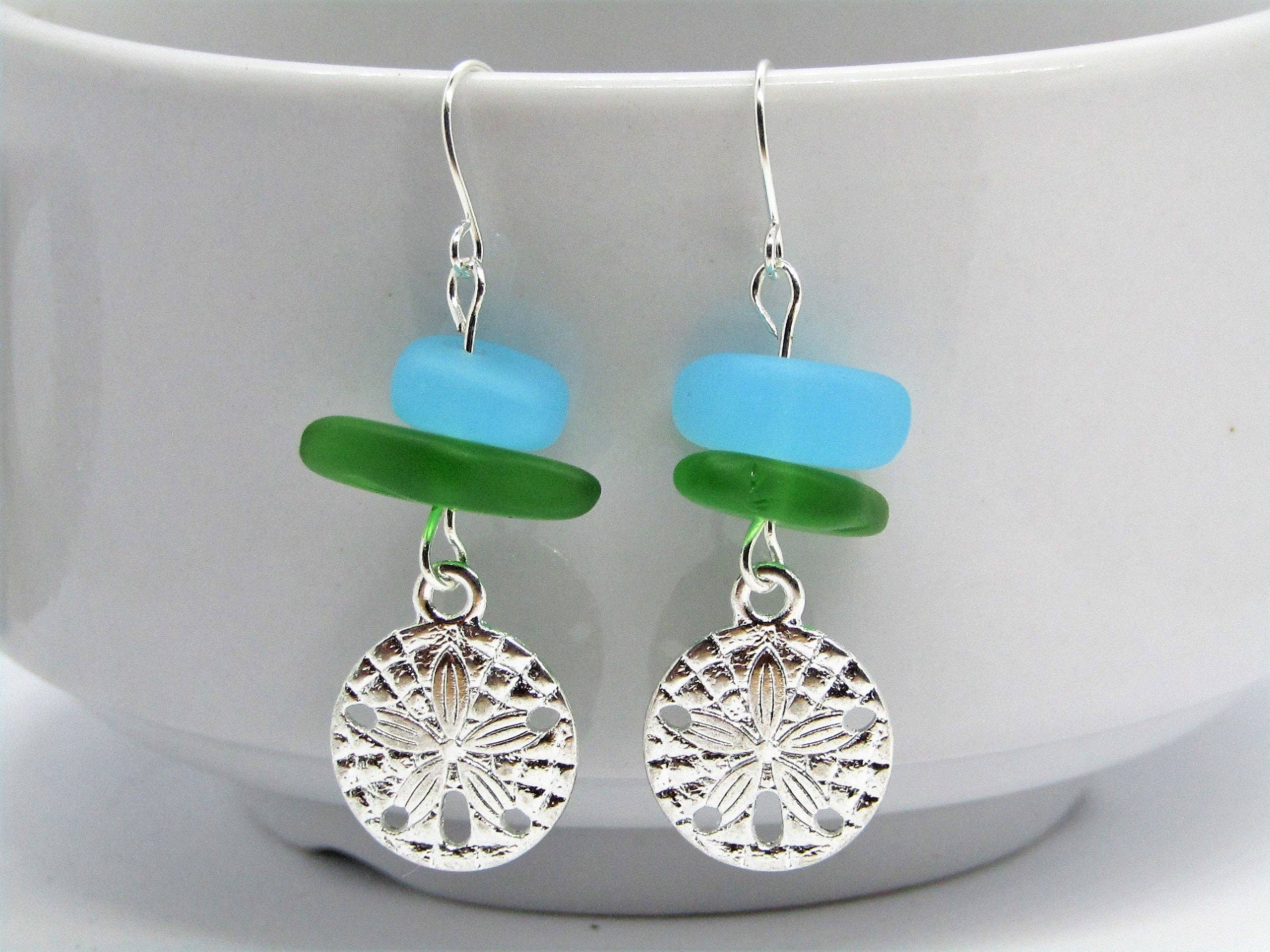 Bad Apple Designs - Wholesale Dangle Earrings - Frosted Sea Glass Earrings: Silver Sand Dollar Dangles #20