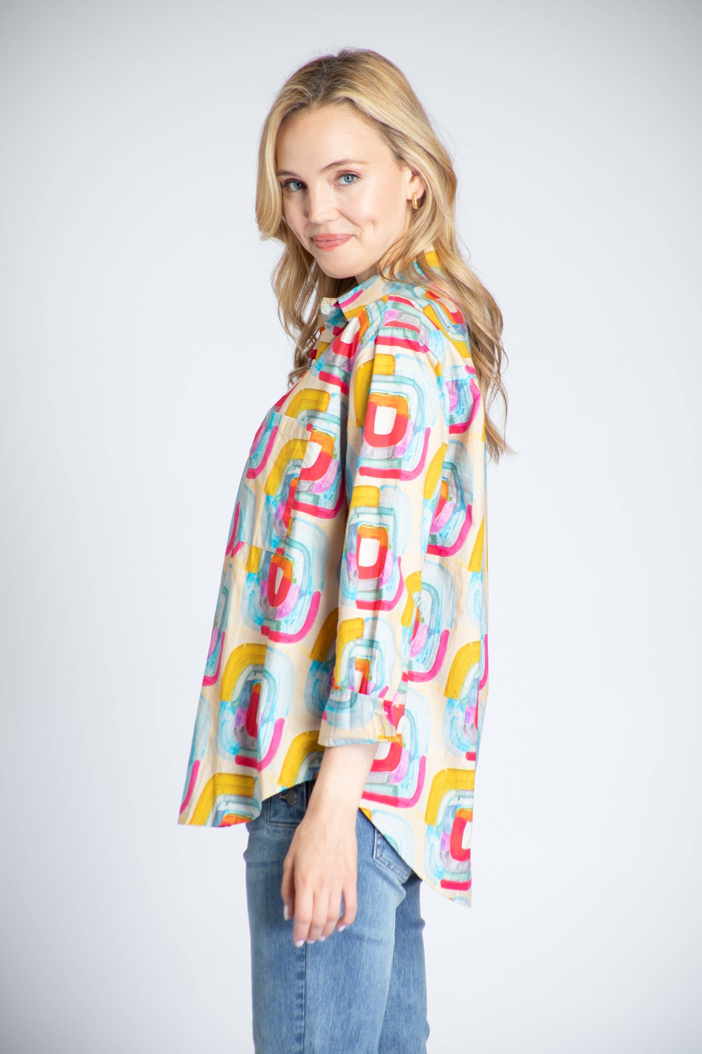 Pas de couleur Blocks Of Color Print - Chemise boutonnée Boyfriend en vente sur Faire2