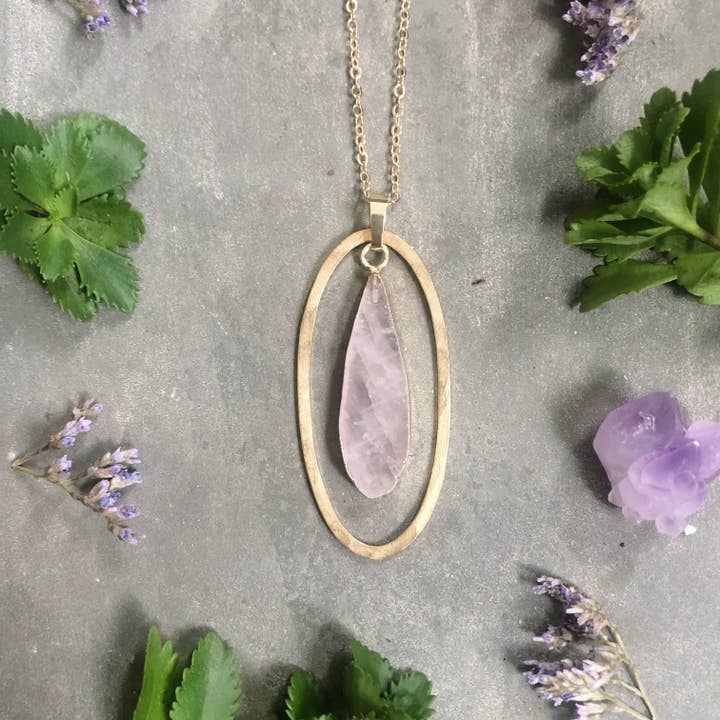 GeoMetricGem - Wholesale Pendant/Charm Necklace - Otisco Necklace ~ Gem Slice - Clear Rose Quartz Chrysopras