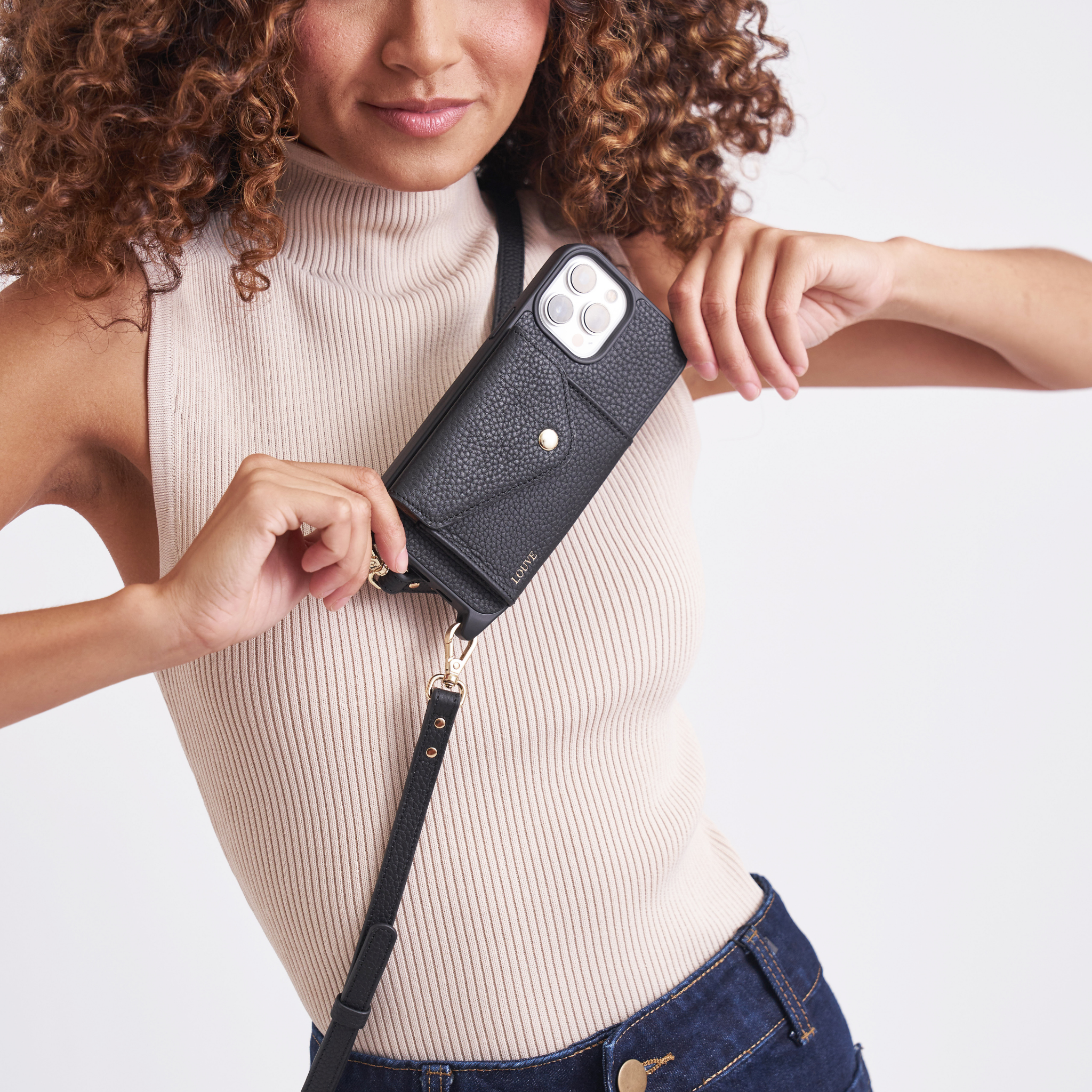 Louve Collection - Wholesale Phone Wallet - Women's - Zoë Black Leather Phone Case Wallet & Matching Strap19