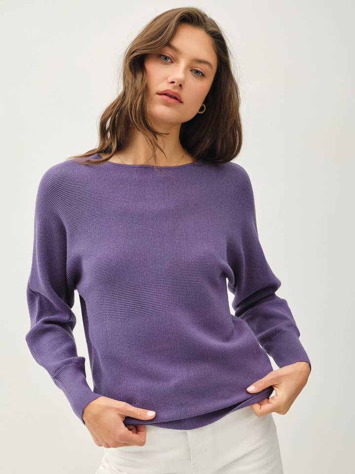 Blueberry BOAT NECK DOLMAN SLEEVE RIBBED SWEATER for wholesale on Faire