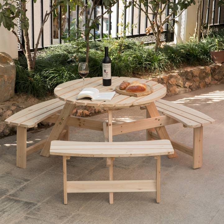 Quickway Imports - Wholesale Patio table - Wooden Round Picnic Table with Bench for Patio, 6- Person7
