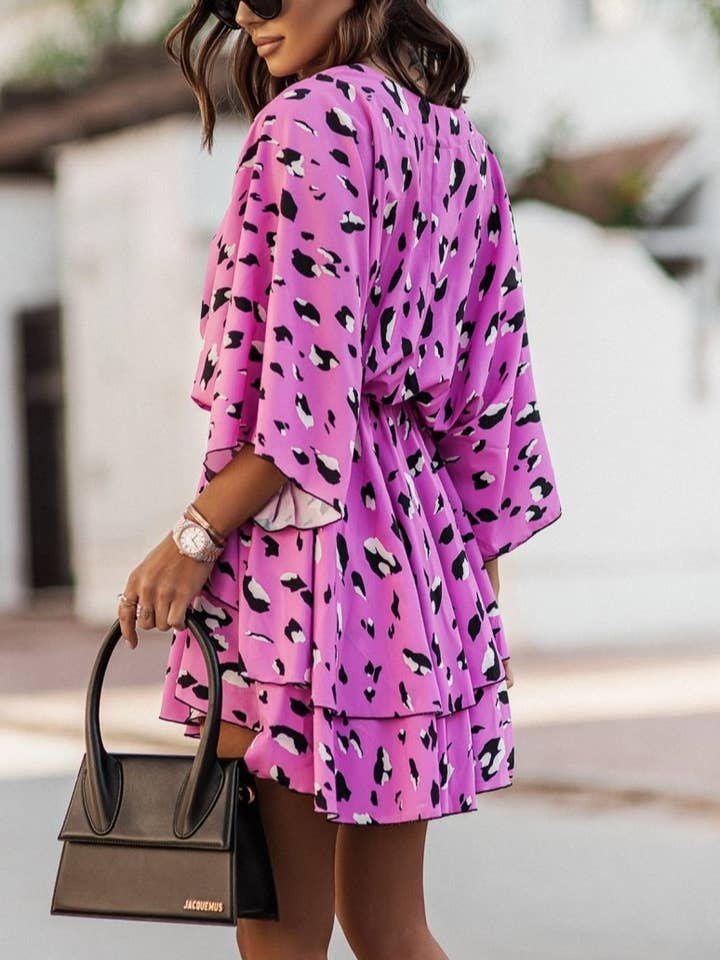 HIDDENBRAND - Wholesale Dress - Women's - V-Neck Print Waist Cinched Dolman Sleeve Dress