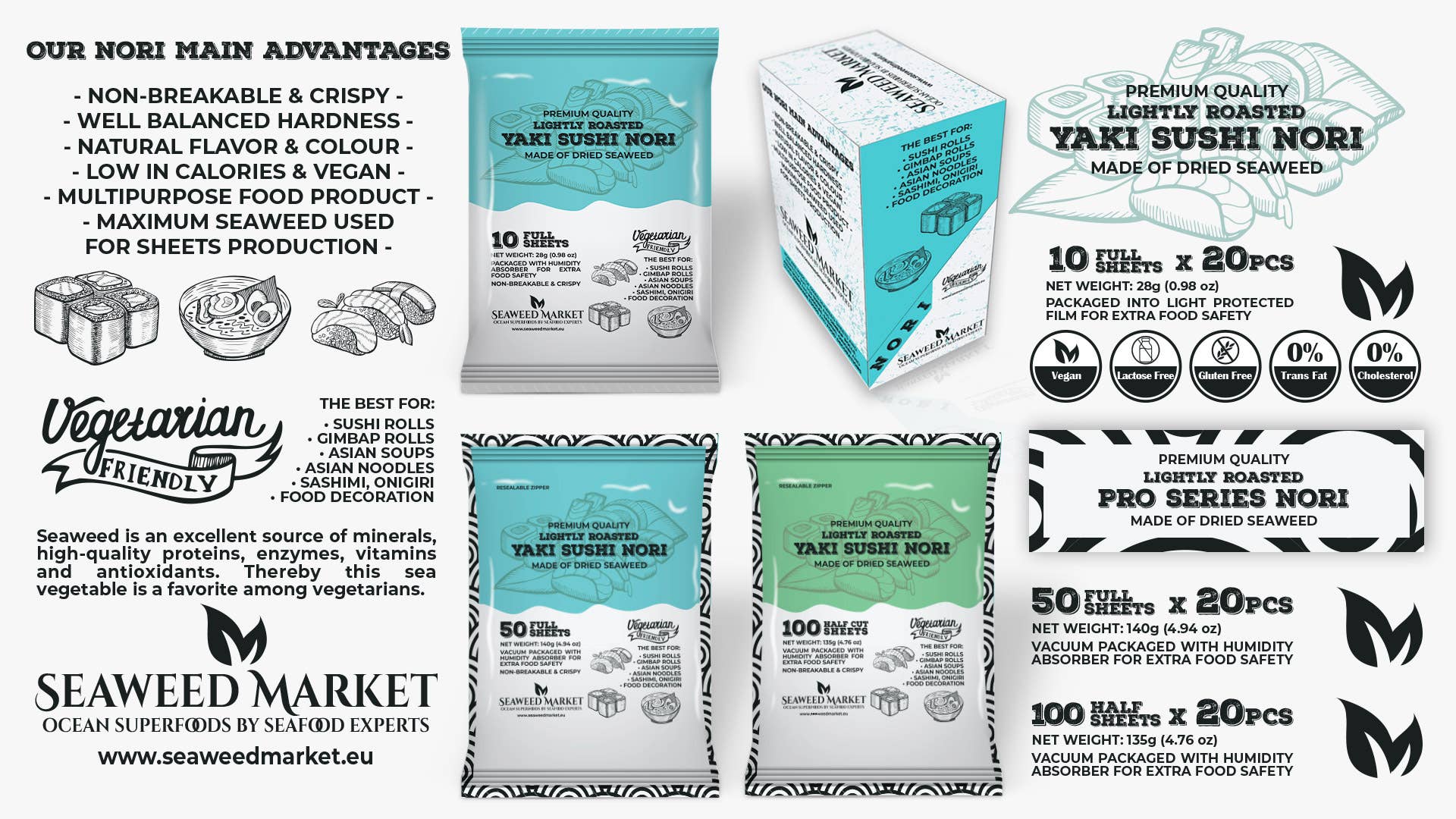 SEAWEED MARKET - Wholesale Dried/Dehydrated Vegetables - 100 Half-Sheets of Premium Nori Seaweed. Sushi, Gimbap rolls. 135g x 20pcs4