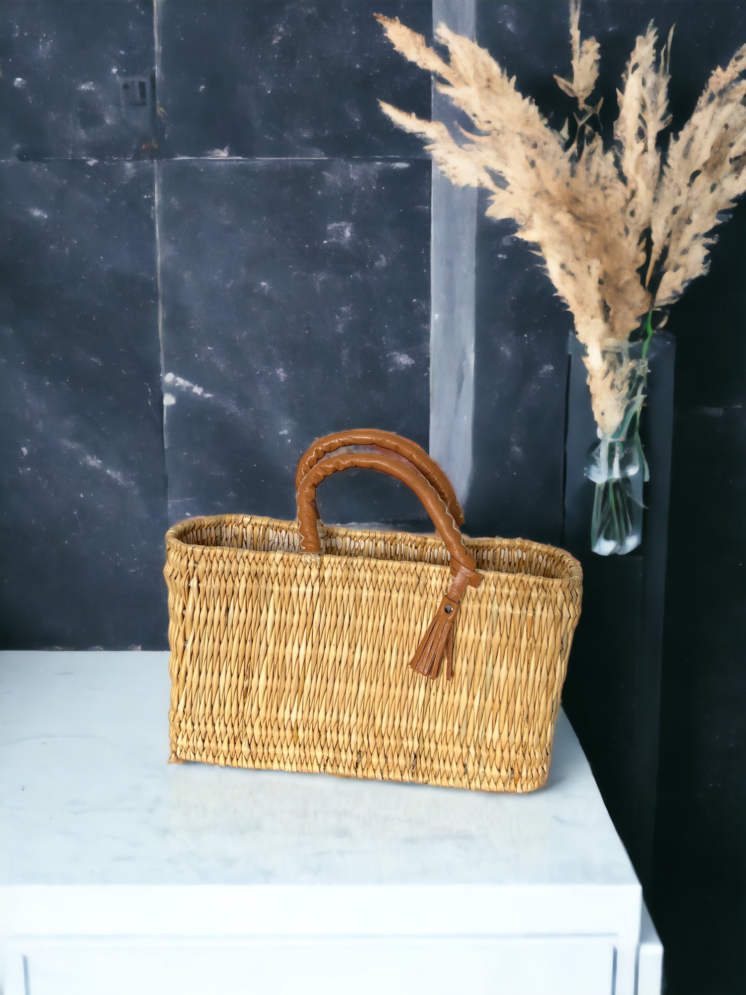 Melecraft - Wholesale Basket - Natural Reed Baskets Set - With Leather Moroccan handmade1