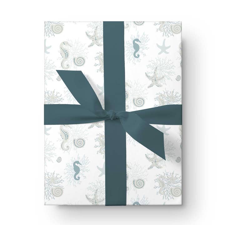 Blue Coastal Coral Sea Life Wrapping Paper for wholesale by Kartoti Designs