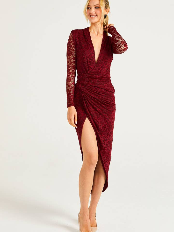 ANGELEYE - Wholesale Dress - Women's - Lace Plunge Neck Faux Wrap Midi Dress in Burgundy3