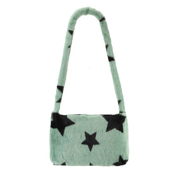 Ladies Faux Fur Star Print Top Handle Handbag for wholesale by Nima Accessories Inc