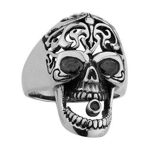 Anel de Caveira em Aço Inoxidável com Design de Cruz Elegante na Cabeça e Pedra Preta nos Olhos e Boca (#101) por atacado de SkullJewelry.com