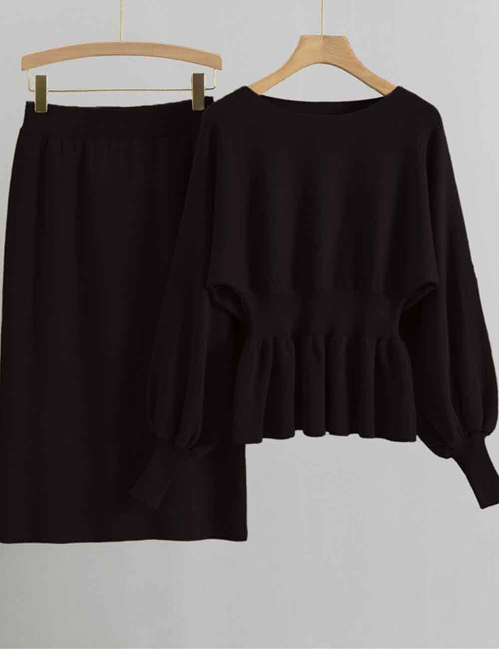 Sweetkama – Engroshandel Top- og nederdelsæt - Dame – Dame Pullover med Pufærmer Langærmet Striktop & Nederdelsæt5