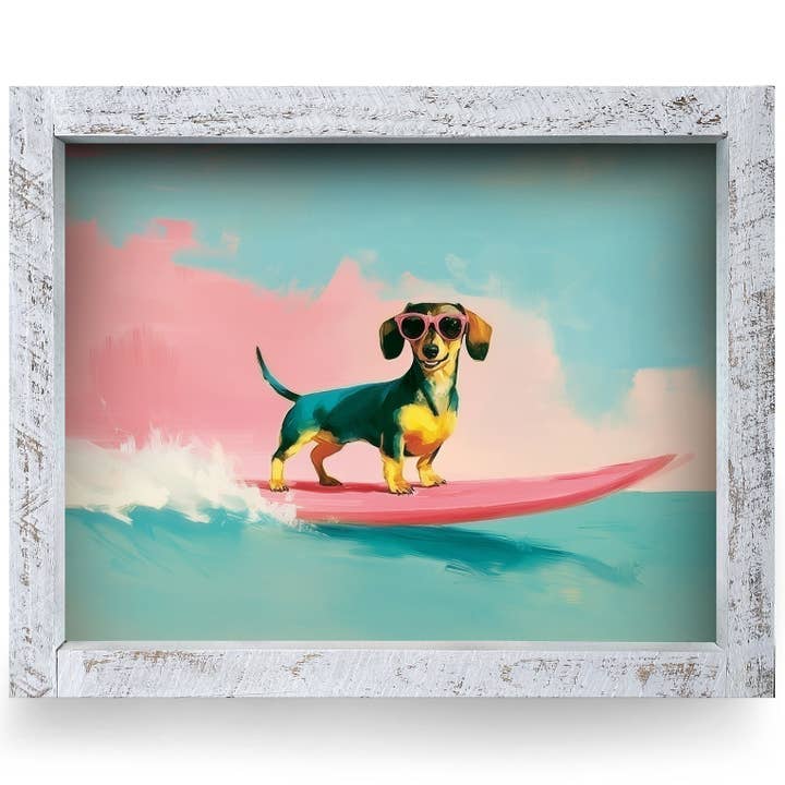 Pastel Surfing Dachshund | Real Wood Framed Wall Art Print | Horizontal for wholesale by Mill Wood Art