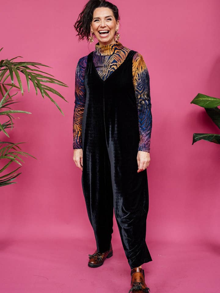 Velvet Dungaree Jumpsuit in Black for wholesale by Megan Crook Textiles