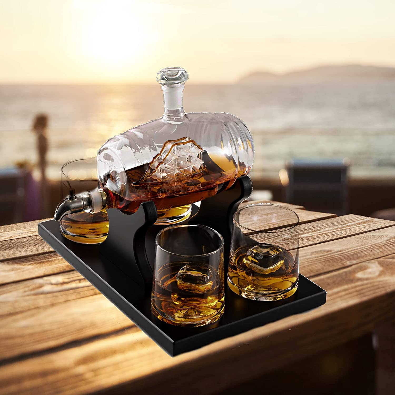 Bezrat - Vente Carafe - Ensemble cadeau carafe et verres à whisky avec fût et plateau en acajou7